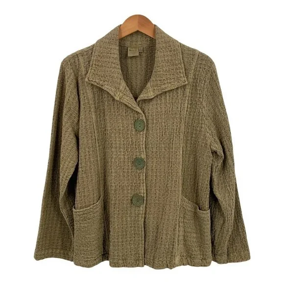 FOCUS Moss Green Waffle Textured Cotton Casual Jacket Size Large Lagenlook - Picture 1 of 4